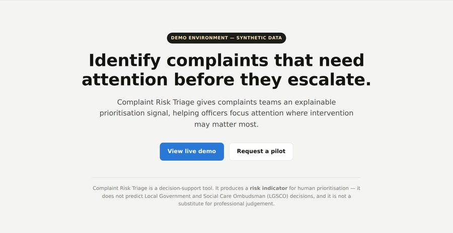 Complaint Risk Triage: landing page hero