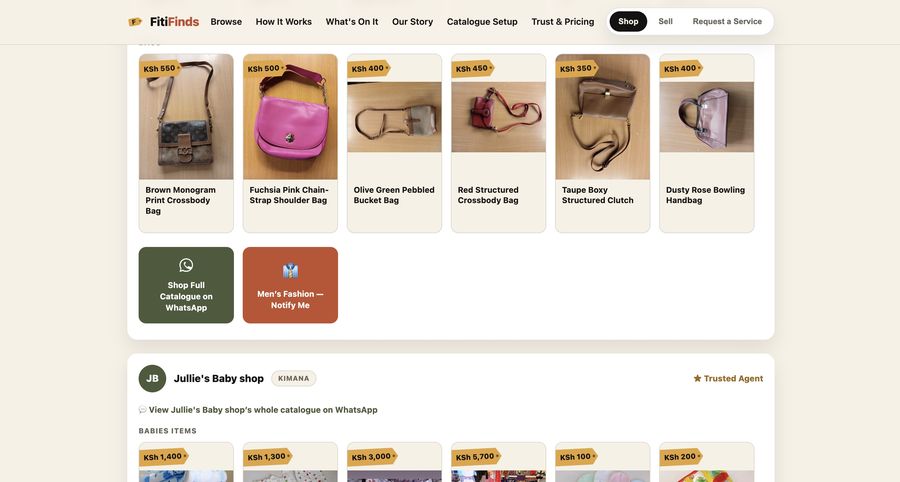 FitFinds live shop listings with real sellers and prices