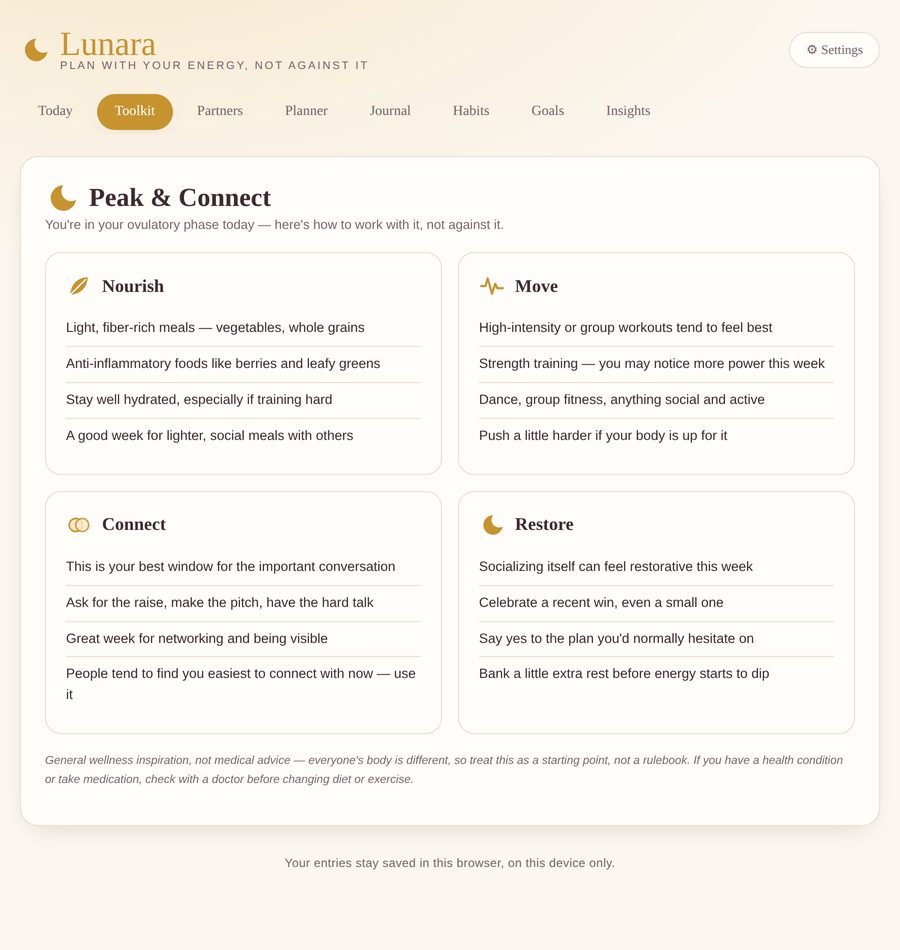 Lunara Toolkit: nourish, move, connect, restore